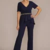 Embellished Waist Crepe Jumpsuit With Peplum 2 Embellished Waist Crepe Jumpsuit With Peplum -Blissful Brides Shop D40NY22246 NAVY MOB PROD2 006