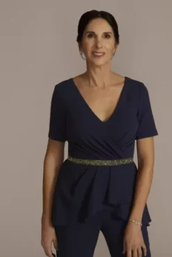 Embellished Waist Crepe Jumpsuit With Peplum -Blissful Brides Shop D40NY22246 NAVY MOB PROD2 060