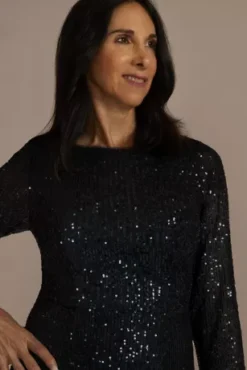 Sequin Sheath With Three-Quarter Illusion Sleeves -Blissful Brides Shop D40NY22578 NAVY MOB PROD7 747