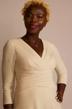 Three-Quarter Sleeve Metallic A-Line Wrap Dress -Blissful Brides Shop D40NY22669 CHAMP MOB PROD9 1776