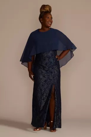 Metallic Lace Sheath Dress With Chiffon Cape 3 Metallic Lace Sheath Dress With Chiffon Cape