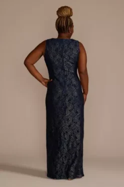 Metallic Lace Sheath Dress With Chiffon Cape 10 Metallic Lace Sheath Dress With Chiffon Cape -Blissful Brides Shop D40NY22670W NAVY MOB PROD10 761