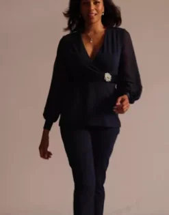 Long Sleeve Illusion Crepe Pantsuit -Blissful Brides Shop D40NY23261 Midnight