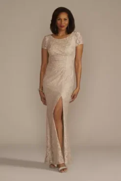 Scoop Neck Gathered Lace Sheath Dress With Slit
