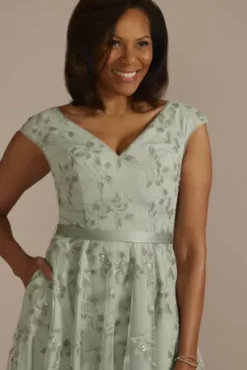 Sequin Floral Cap Sleeve A-Line Dress -Blissful Brides Shop D40NY23277 DUSTY20SAGE MOB PROD2 072