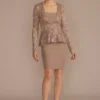 Short Crepe Sheath Dress With Lace Peplum Jacket