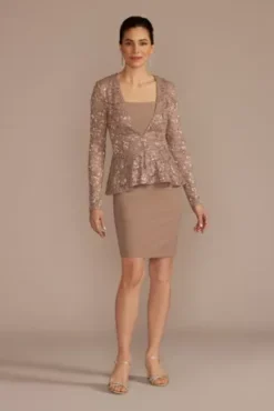Short Crepe Sheath Dress With Lace Peplum Jacket