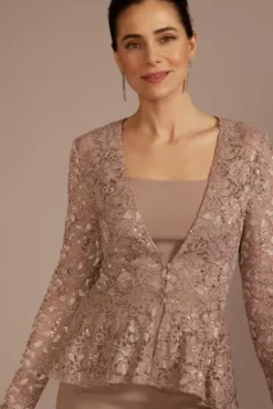 Short Crepe Sheath Dress With Lace Peplum Jacket -Blissful Brides Shop D40NY23291V2 BISCOTTI MOB PROD3 091