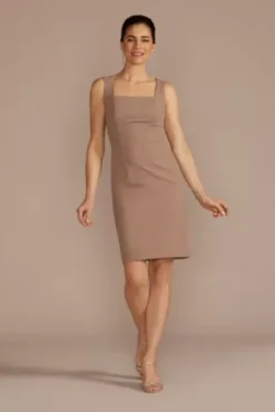 Short Crepe Sheath Dress With Lace Peplum Jacket -Blissful Brides Shop D40NY23291V2 BISCOTTI MOB PROD3 180