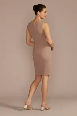 Short Crepe Sheath Dress With Lace Peplum Jacket -Blissful Brides Shop D40NY23291V2 BISCOTTI MOB PROD3 257