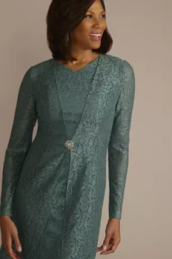Knee Length Glitter Lace Sheath Jacket Dress -Blissful Brides Shop D40NY23292V1 GREEN MOB PROD2 045