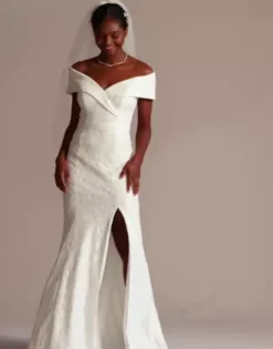 Cuffed Off-the-Shoulder Lace Sheath Gown 11 Cuffed Off-the-Shoulder Lace Sheath Gown -Blissful Brides Shop DB1531