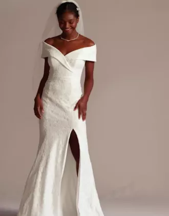 Cuffed Off-the-Shoulder Lace Sheath Gown 7 Cuffed Off-the-Shoulder Lace Sheath Gown - Image 5