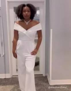 Cuffed Off-the-Shoulder Stretch Crepe Jumpsuit -Blissful Brides Shop DB3230 DB3230W