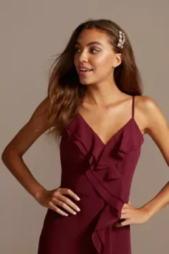 Ruffle Spaghetti-Strap Chiffon Dress With Slit -Blissful Brides Shop DS270094 MMERLOT DBSTU BM PROD10 116