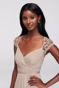 Long Mesh Dress With Lace Cap Sleeves -Blissful Brides Shop F19505 BISCOTTI BM PROD9 037 DETAIL