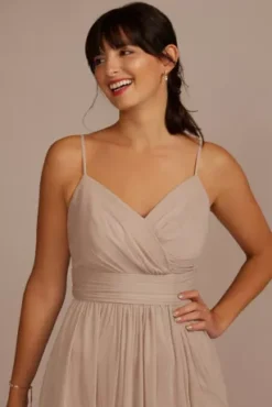 Spaghetti Strap Ruched Waist Mesh Bridesmaid Dress 9 Spaghetti Strap Ruched Waist Mesh Bridesmaid Dress -Blissful Brides Shop F19944 BISCOTTI BM PROD9 V2 063 detail