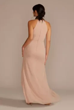 High-Neck Chiffon Bridesmaid Dress With Cascade -Blissful Brides Shop F20014 SAND BM PROD9 V2 118 back