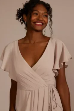 Flutter Sleeve Georgette Wrap Bridesmaid Dress -Blissful Brides Shop F20039 BISCOTTI BM PROD9 V2 069 detail