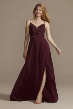 Bridesmaid Separates Chiffon Full Skirt With Slit -Blissful Brides Shop F20422 WINE BM PROD5 146