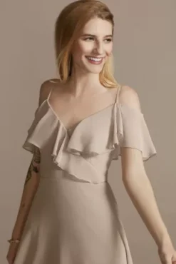 Chiffon Off-the-Shoulder Midi Bridesmaid Dress -Blissful Brides Shop F20438 BISCOTTI BM PROD5 038