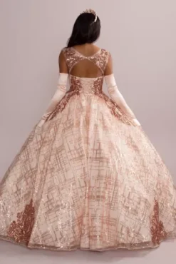 Patterned Sequin Quince Ball Gown With Bolero -Blissful Brides Shop FR2113 MROSEGOLD QUINCE PROD7 11041