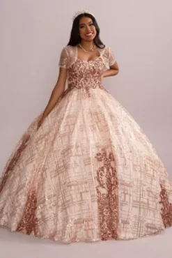 Patterned Sequin Quince Ball Gown With Bolero -Blissful Brides Shop FR2113 MROSEGOLD QUINCE PROD7 11061