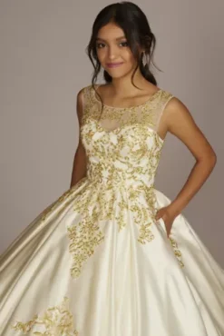 Illusion Cap Sleeve Pleated Quince Ball Gown 8 Illusion Cap Sleeve Pleated Quince Ball Gown -Blissful Brides Shop FR2204 IVYGOLD QUINCE PROD12 088