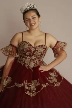 Tiered Quince Dress With Interchangeable Sleeves 25 Tiered Quince Dress With Interchangeable Sleeves -Blissful Brides Shop FR2208 MWINEGOLD QUINCE20PROD5 232