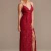 Allover Lace Sheath Gown With Plunging Neckline -Blissful Brides Shop GS28WBM2520 RED PARTY PROD8 100