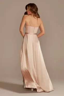 Crepe Corset Bridesmaid Dress With Charmeuse Skirt -Blissful Brides Shop GS290039 SAND BM PROD3 172