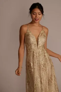 Sequin Embroidered Plunge Bridesmaid Dress -Blissful Brides Shop GS290081 GOLD BM PROD11x 111