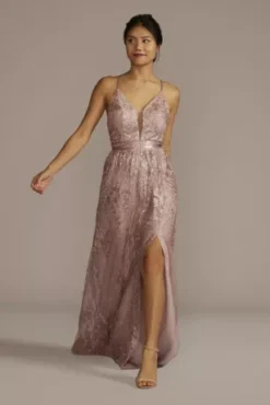Sequin Embroidered Plunge Bridesmaid Dress