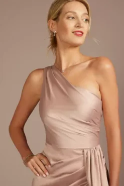 One-Shoulder Stretch Satin Bridesmaid Dress -Blissful Brides Shop GS290147 SAND BM PROD3 detail