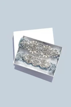 Plus Size Deco Crystal Encrusted Lace Garter Set -Blissful Brides Shop GTR004 MBLUE FRONT2