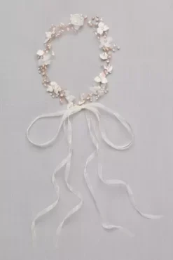 3D Flower Ribbon-Tie Headband With Pearls -Blissful Brides Shop H8159 MROSEGOLD HP PROD4 002