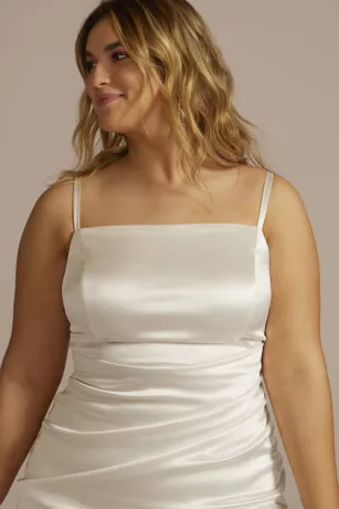 Straight Neck Stretch Satin Pleated Short Dress 5 Straight Neck Stretch Satin Pleated Short Dress - Image 3