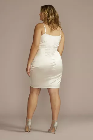 Straight Neck Stretch Satin Pleated Short Dress 4 Straight Neck Stretch Satin Pleated Short Dress - Image 2