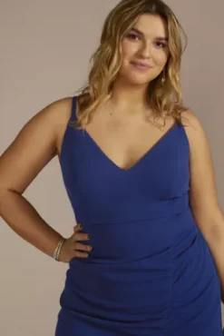 Short V-Neck Ruched Crepe Sheath Dress With Slit -Blissful Brides Shop HVNP3405DB MROYAL JRPRTY PROD2 316