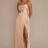 Stretch Charmeuse Cowl Neck Bridesmaid Dress -Blissful Brides Shop Image 4XLF20614 11603184 Sand