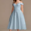 Off The Shoulder Satin Tea-Length Wedding Dress -Blissful Brides Shop Image MIDWG3979 11508828 DustyBlue