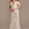 3D Floral Applique Plunge Sheath Wedding Dress -Blissful Brides Shop MBSWG885 SIG IVYBISQUE PROD12 024