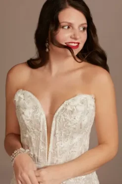 3D Floral Applique Plunge Sheath Wedding Dress -Blissful Brides Shop MBSWG885 SIG IVYBISQUE PROD12 206