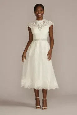 Embroidered Mock Neck Tea-Length Wedding Dress