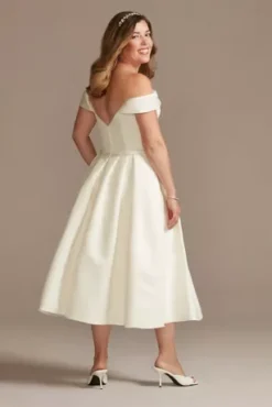 Off The Shoulder Satin Tea-Length Wedding Dress -Blissful Brides Shop MIDWG3979 IVORY DBSTU PROD9 268