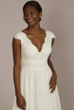 Lace Illusion Back Chiffon Tea Length Wedding Gown -Blissful Brides Shop MIDWG4011DB SOFTWHITE DBSTU PRODUCT12 103