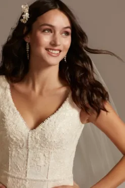 Cap Sleeve Dot Trim Point D'Esprit Wedding Dress -Blissful Brides Shop MS251230 IVYSTONE MS PROD3 076