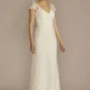 Cap Sleeve V-Neck Beaded Lace Sheath Wedding Dress -Blissful Brides Shop MS251268 SOLIDIVORY MS PROD3 030