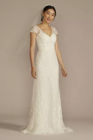 Cap Sleeve V-Neck Beaded Lace Sheath Wedding Dress 3 Cap Sleeve V-Neck Beaded Lace Sheath Wedding Dress