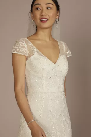 Cap Sleeve V-Neck Beaded Lace Sheath Wedding Dress 5 Cap Sleeve V-Neck Beaded Lace Sheath Wedding Dress - Image 3